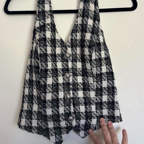Tops - Y2K Tweed Button-up Plaid Halter Vest Open back